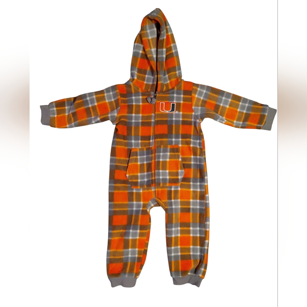 Miami Hurricanes Infant Plaid Zip-up Hoodie Romper Grey Orange 12/18 months